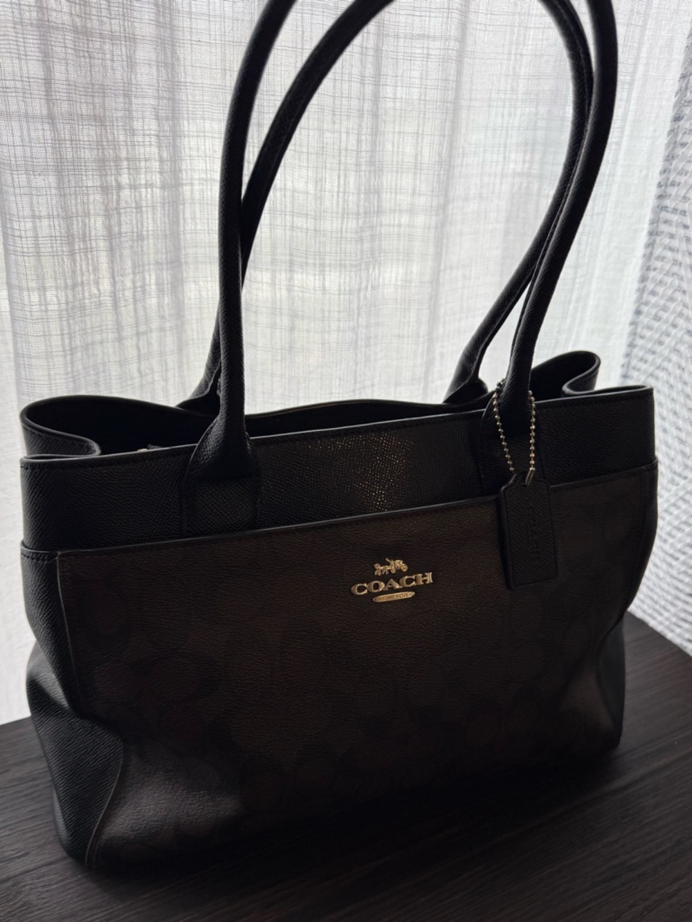 Coach Casey Tote w/ signature logo Brown/Black color scheme w/ gold hardware.
